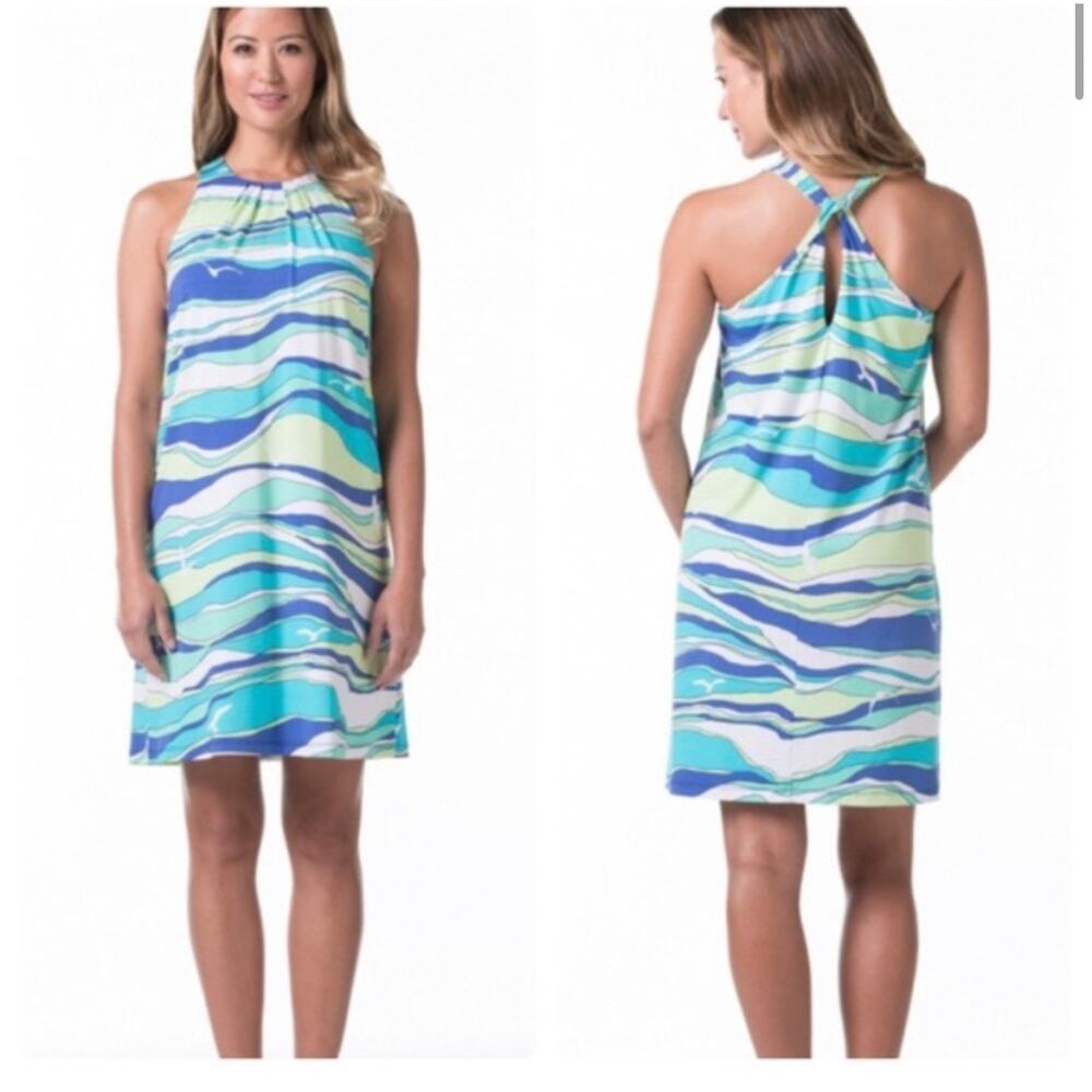 Tori Richard Honolulu Hawaii Wave Print Seagulls Blue Green Midi Dress Size XS - Picture 2 of 10